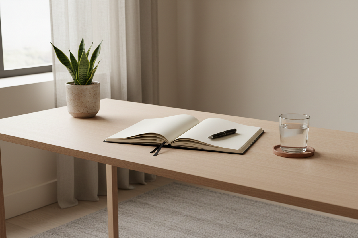 Calm workspace, notebook, soft light, plant, neutral colours