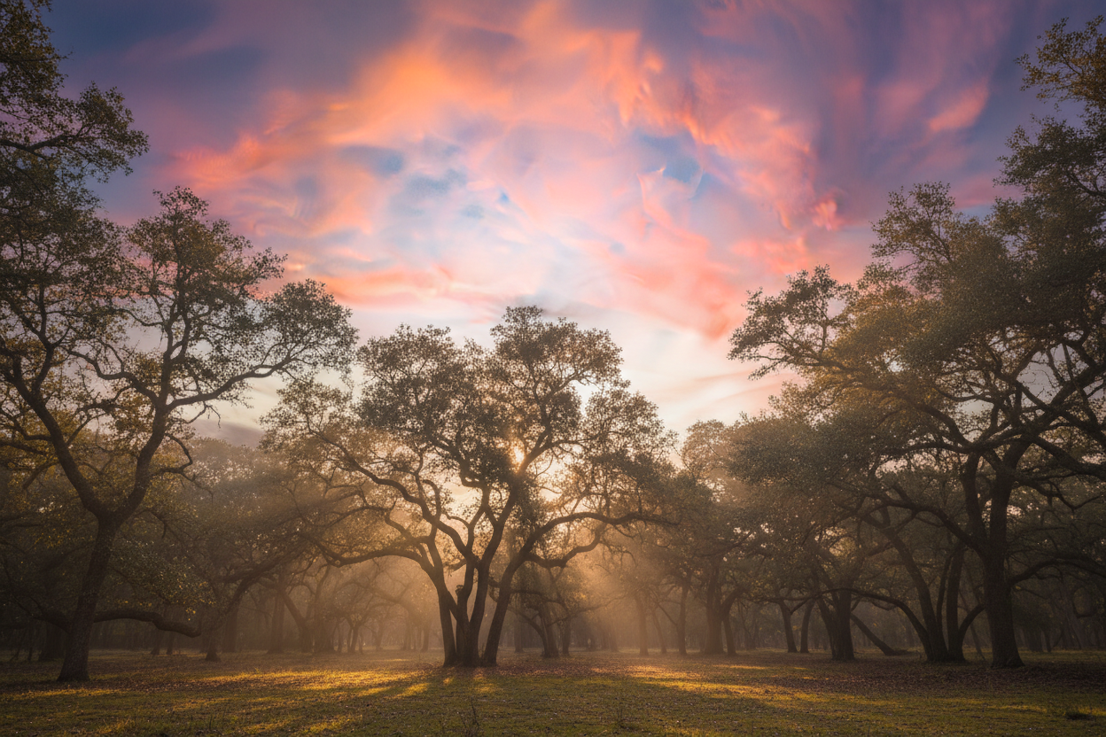 Soft light through trees, clouds at dusk
